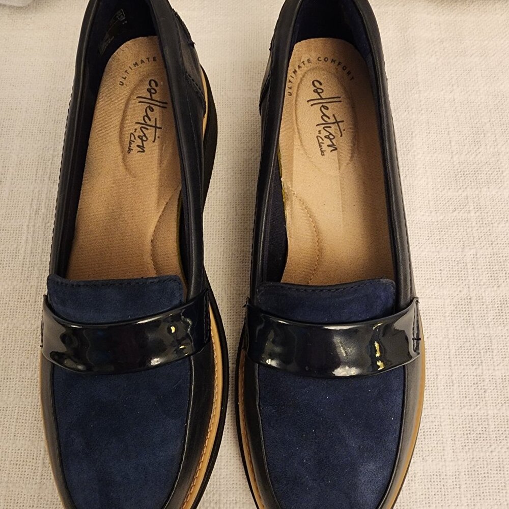 Clarks Collec Shoe W 7 Sharon Gracie Loafers Blue Lthr Suede Patent Slip On A211 - Picture 2 of 9